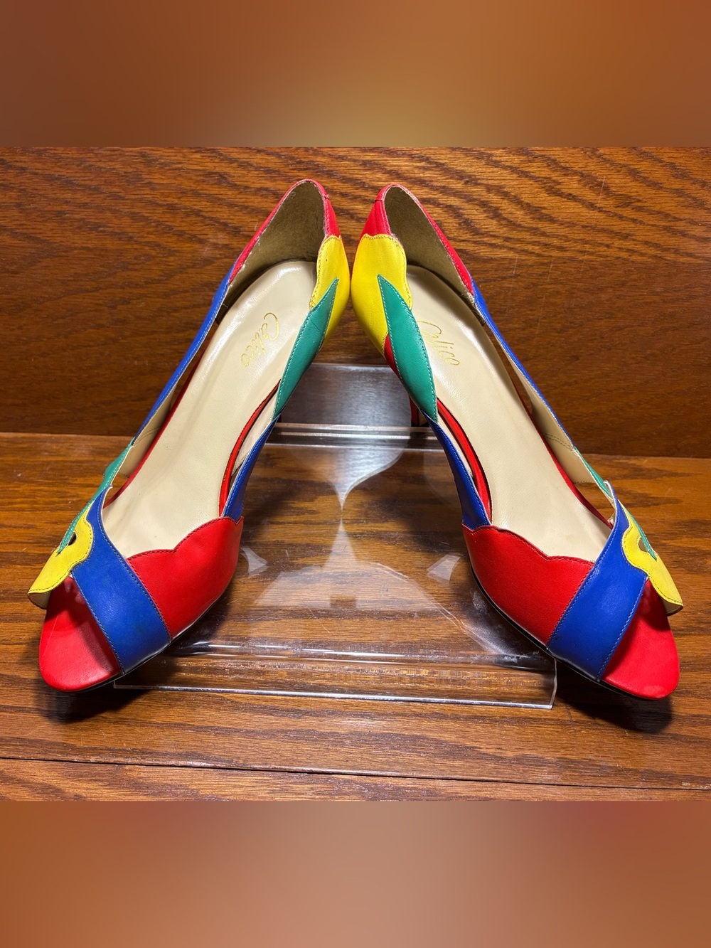 Vintage 80s 90s Calico Colorblock Leather Peep Toe Heels Size 10 - Picture 4 of 16